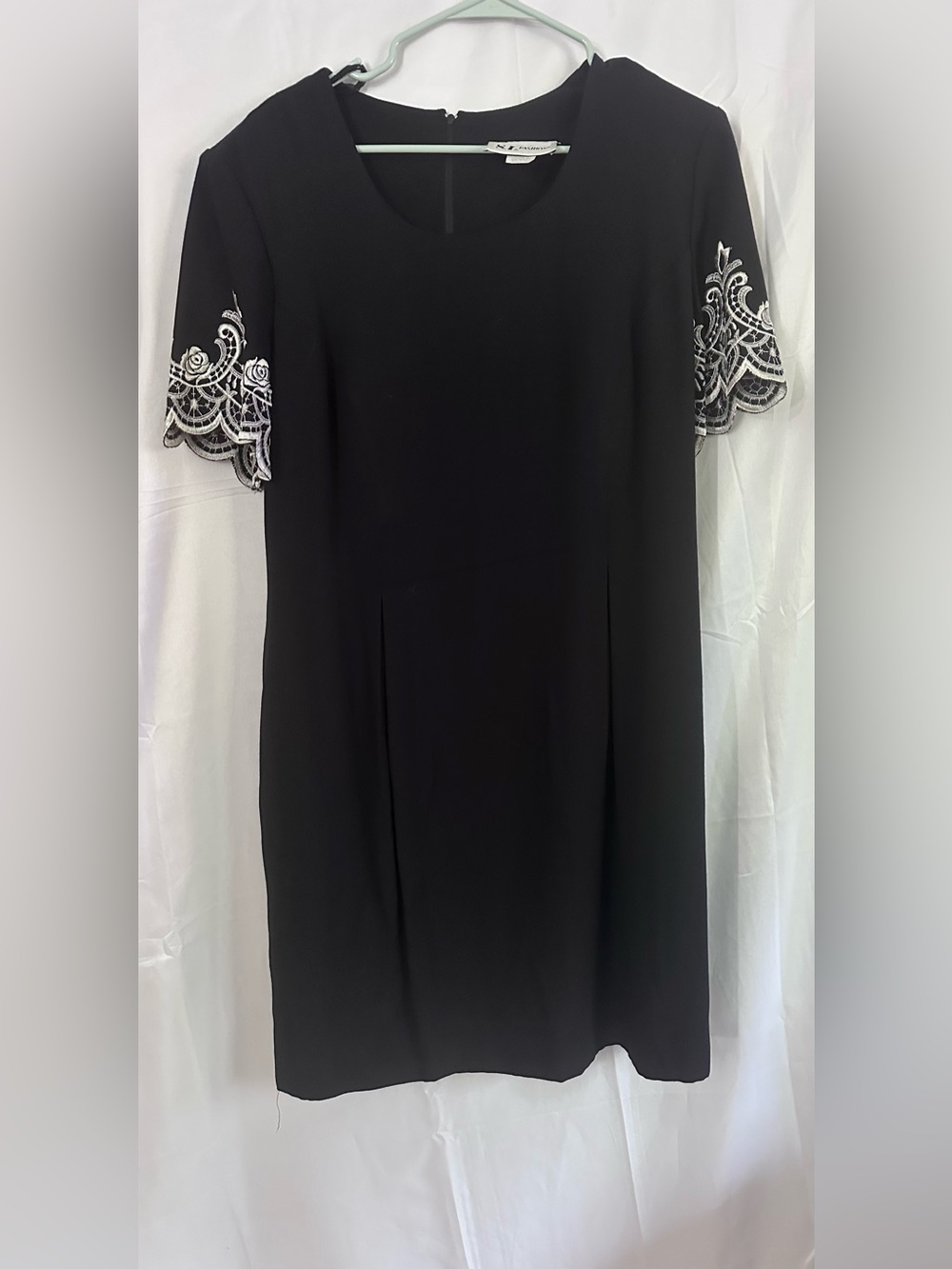 Vintage S.L. Fashions Black Midi Dress with White Lace Sleeve Detail
